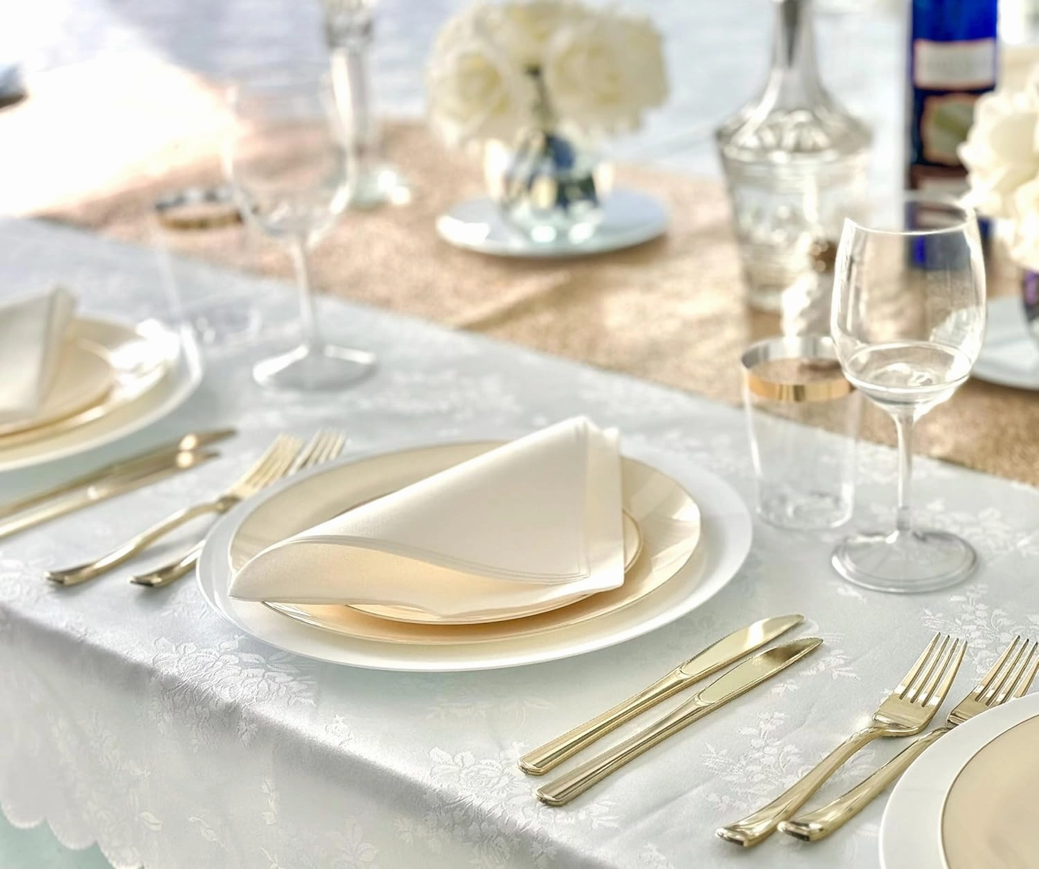 " OCCASIONS " 240 Plates Pack,(120 Guests) Premium Wedding Party Disposable Plastic Plates Set -120 x 10.25'' Dinner   120 x 7.5'' Salad/Dessert (Bali, Ivory & Gold)