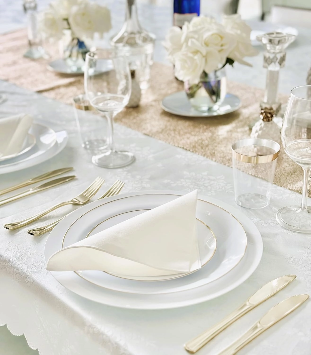 " OCCASIONS " 240 Plates Pack,(120 Guests) Premium Wedding Party Disposable Plastic Plates Set -120 x 10.25'' Dinner   120 x 7.5'' Salad/Dessert (Bali, White & Gold)
