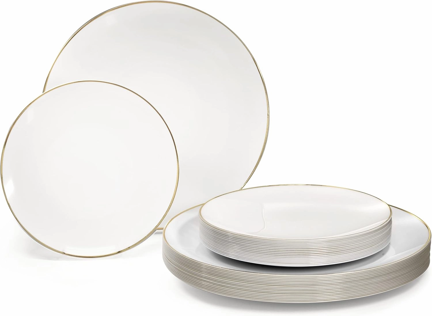 " OCCASIONS " 240 Plates Pack,(120 Guests) Premium Wedding Party Disposable Plastic Plates Set -120 x 10.25'' Dinner   120 x 7.5'' Salad/Dessert (Bali, White & Gold)