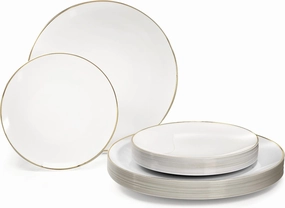 " OCCASIONS " 240 Plates Pack,(120 Guests) Premium Wedding Party Disposable Plastic Plates Set -120 x 10.25'' Dinner   120 x 7.5'' Salad/Dessert (Bali, White & Gold)