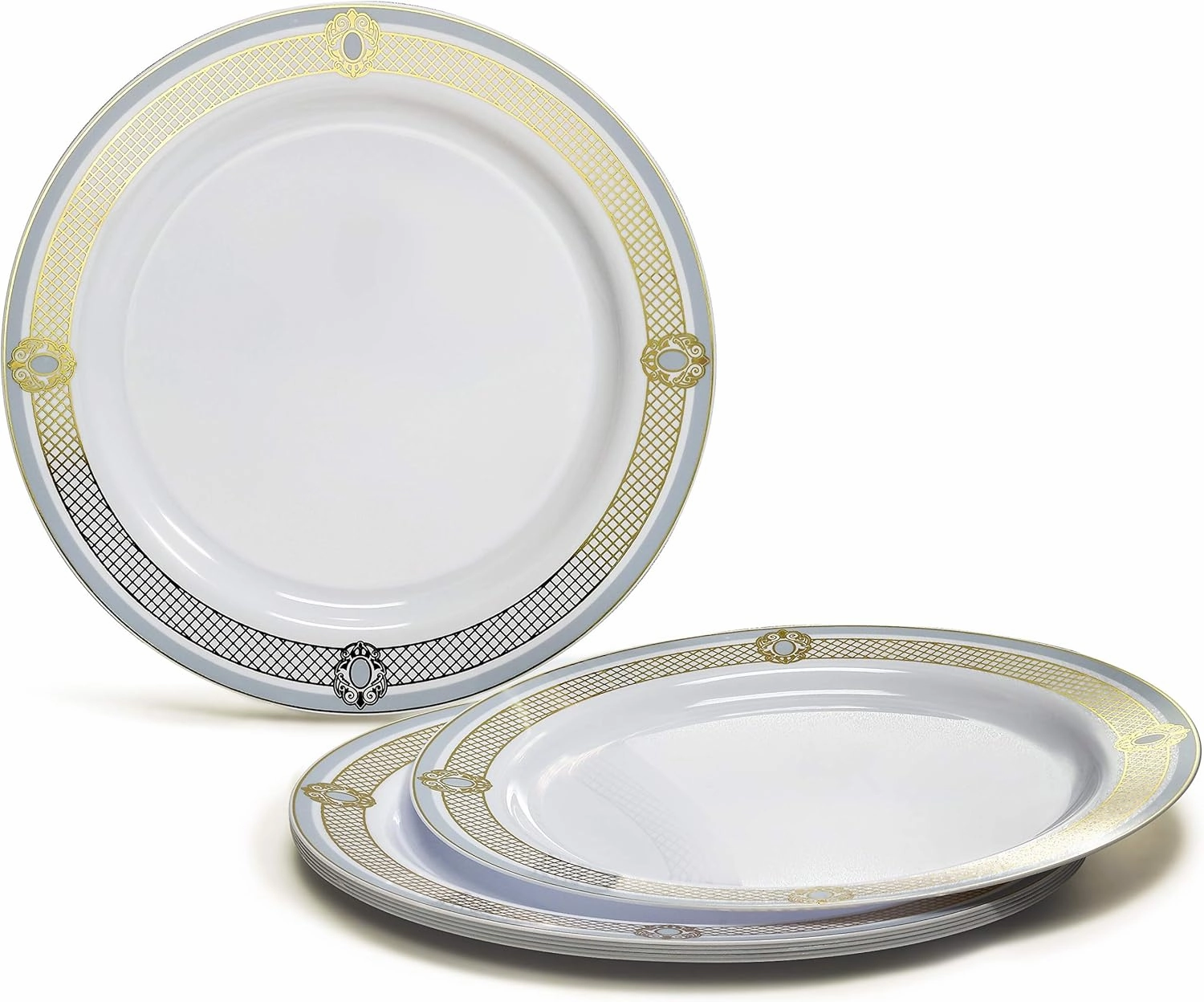 " OCCASIONS " 240 Plates Pack,(120 Guests) Premium Wedding Party Disposable Plastic Plates Set -120 x 10.25'' Dinner   120 x 7.5'' Salad/Dessert (Royal in White/Blue & Gold)