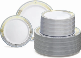" OCCASIONS " 240 Plates Pack,(120 Guests) Premium Wedding Party Disposable Plastic Plates Set -120 x 10.25'' Dinner   120 x 7.5'' Salad/Dessert (Royal in White/Blue & Gold)