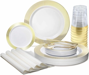 " OCCASIONS " 280pcs set (40 Guests)-Heavyweight Wedding Party Disposable Plastic Plate Set-40 x 10.5''   40 x 6.25''   Gold Silverware   Cups   Napkins (Linen White & Gold)