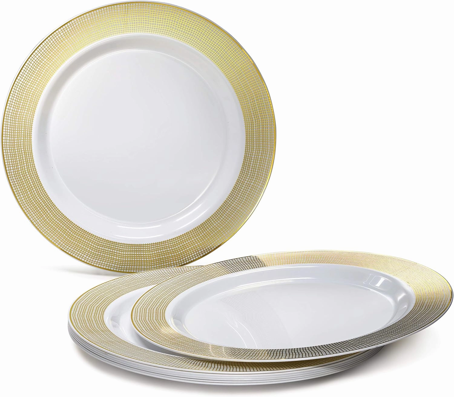 " OCCASIONS " 280pcs set (40 Guests)-Heavyweight Wedding Party Disposable Plastic Plate Set-40 x 10.5''   40 x 6.25''   Gold Silverware   Cups   Napkins (Linen White & Gold)