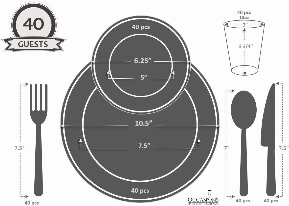 " OCCASIONS " 280pcs set (40 Guests)-Heavyweight Wedding Party Disposable Plastic Plate Set-40 x 10.5''   40 x 6.25''   Gold Silverware   Cups   Napkins (Soleil White & Gold)