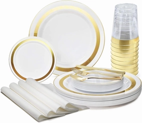 " OCCASIONS " 280pcs set (40 Guests)-Heavyweight Wedding Party Disposable Plastic Plate Set-40 x 10.5''   40 x 6.25''   Gold Silverware   Cups   Napkins (Soleil White & Gold)