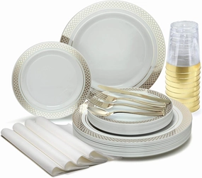 " OCCASIONS " 320pcs set (40 Guests)-Heavyweight Wedding Party Disposable Plastic Plate Set -40 x 10.5''   40 x7.5'' Silverware Cups linen like paper Napkins (Celebration white & Gold)