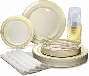 " OCCASIONS " 320pcs set (40 Guests)-Heavyweight Wedding Party Disposable Plastic Plate Set -40 x 10.5''   40 x 7.5''   Silverware   Cups  linen like paper Napkins (Lace Ivory & Gold)