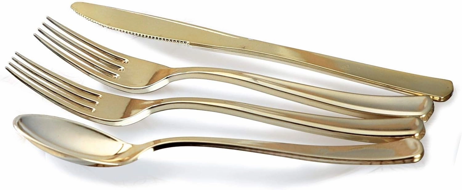 " OCCASIONS " 320pcs set (40 Guests)-Heavyweight Wedding Party Disposable Plastic Plate Set -40 x 10.5''   40 x 7.5''   Silverware   Cups  linen like paper Napkins (Lace Ivory & Gold)