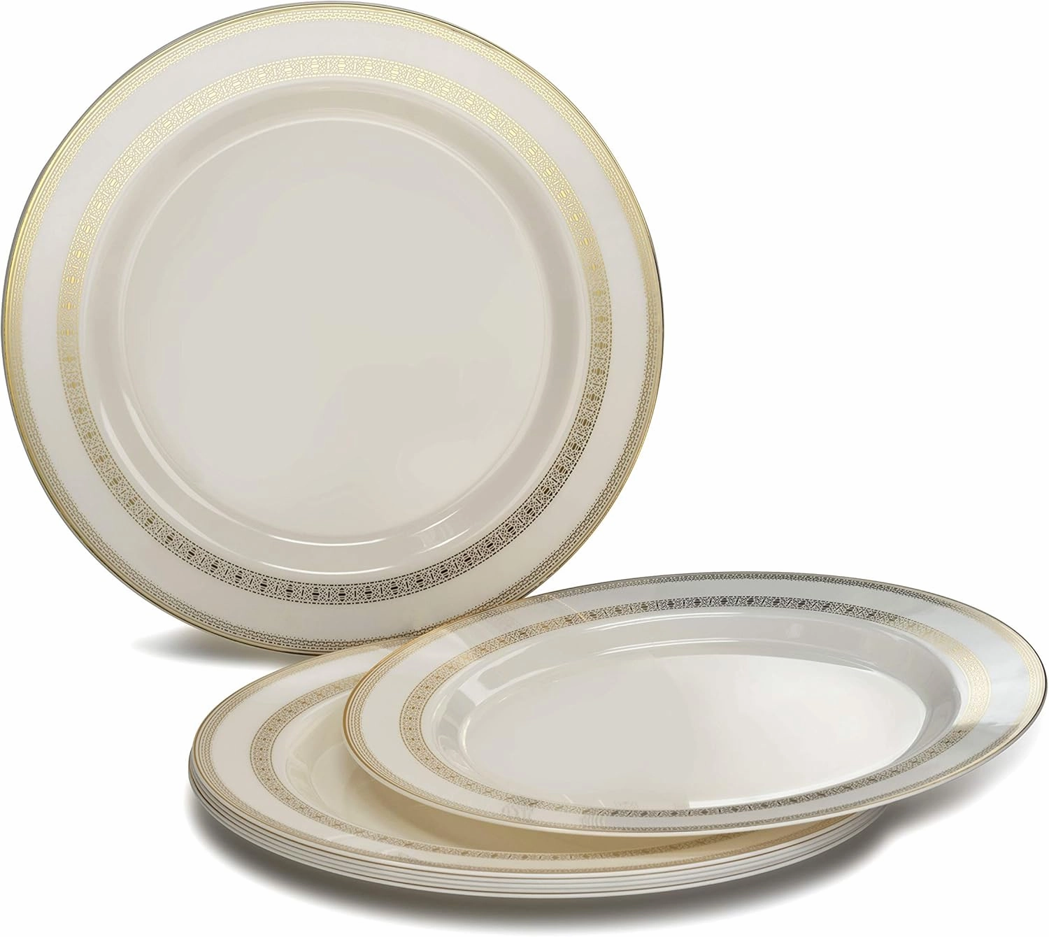 " OCCASIONS " 320pcs set (40 Guests)-Heavyweight Wedding Party Disposable Plastic Plate Set -40 x 10.5''   40 x 7.5''   Silverware   Cups  linen like paper Napkins (Lace Ivory & Gold)