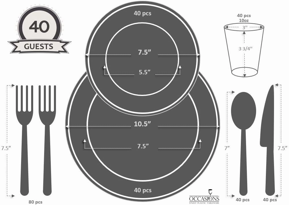 " OCCASIONS " 320pcs set (40 Guests)-Heavyweight Wedding Party Disposable Plastic Plate Set -40 x 10.5''   40 x 7.5''   Silverware   Cups  linen like paper Napkins (Lace Ivory & Gold)