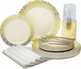 " OCCASIONS " 320pcs set (40 Guests)-Wedding Party Disposable Plastic Plate Set -40 x 10.25''   40 x 7.5''   Silverware   Cups   Napkins (Florence Ivory & Gold)