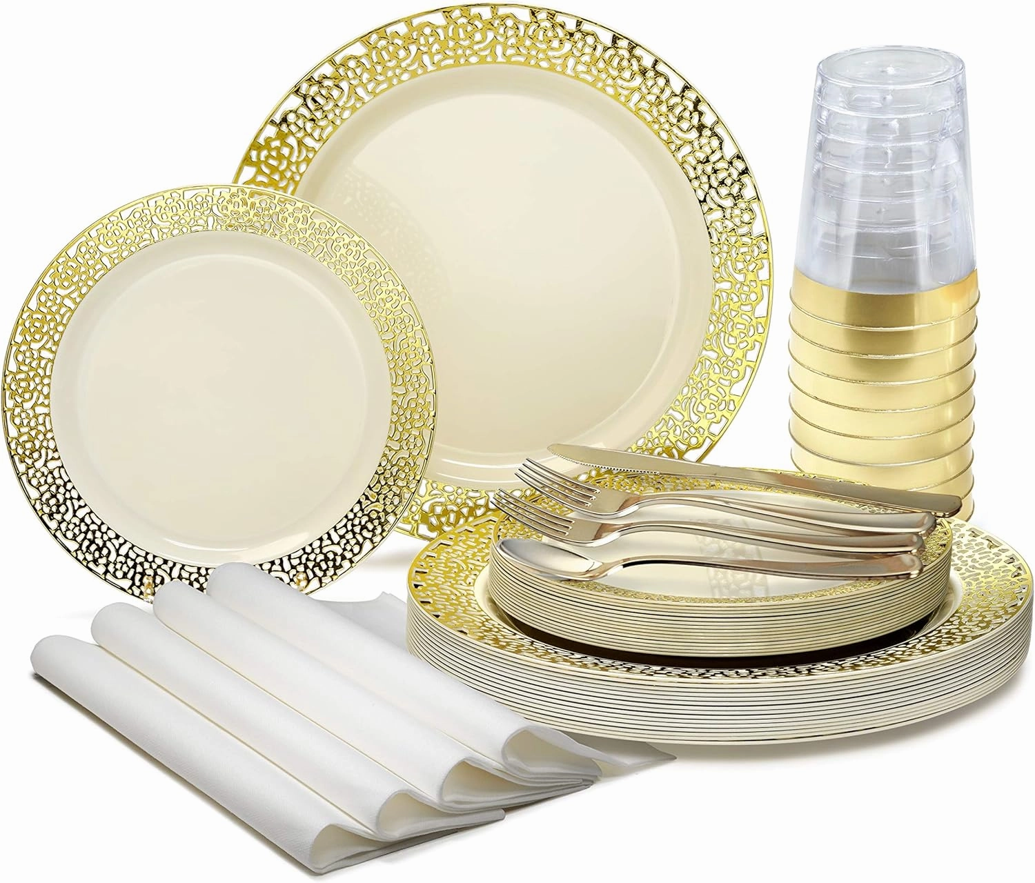" OCCASIONS " 320pcs set (40 Guests)-Wedding Party Disposable Plastic Plate Set -40 x 10.25''   40 x 7.5''   Silverware   Cups   Napkins (Florence Ivory & Gold)