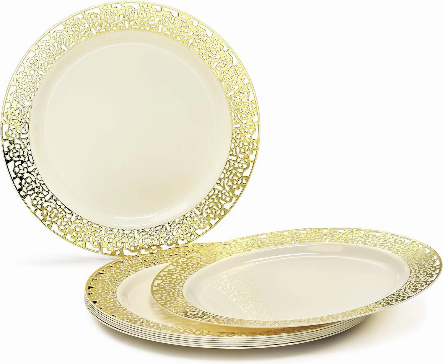 " OCCASIONS " 320pcs set (40 Guests)-Wedding Party Disposable Plastic Plate Set -40 x 10.25''   40 x 7.5''   Silverware   Cups   Napkins (Florence Ivory & Gold)