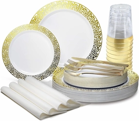 " OCCASIONS " 320pcs set (40 Guests)-Wedding Party Disposable Plastic Plate Set -40 x 10.25''   40 x 7.5''   Silverware   Cups   Napkins (Florence White & Gold)