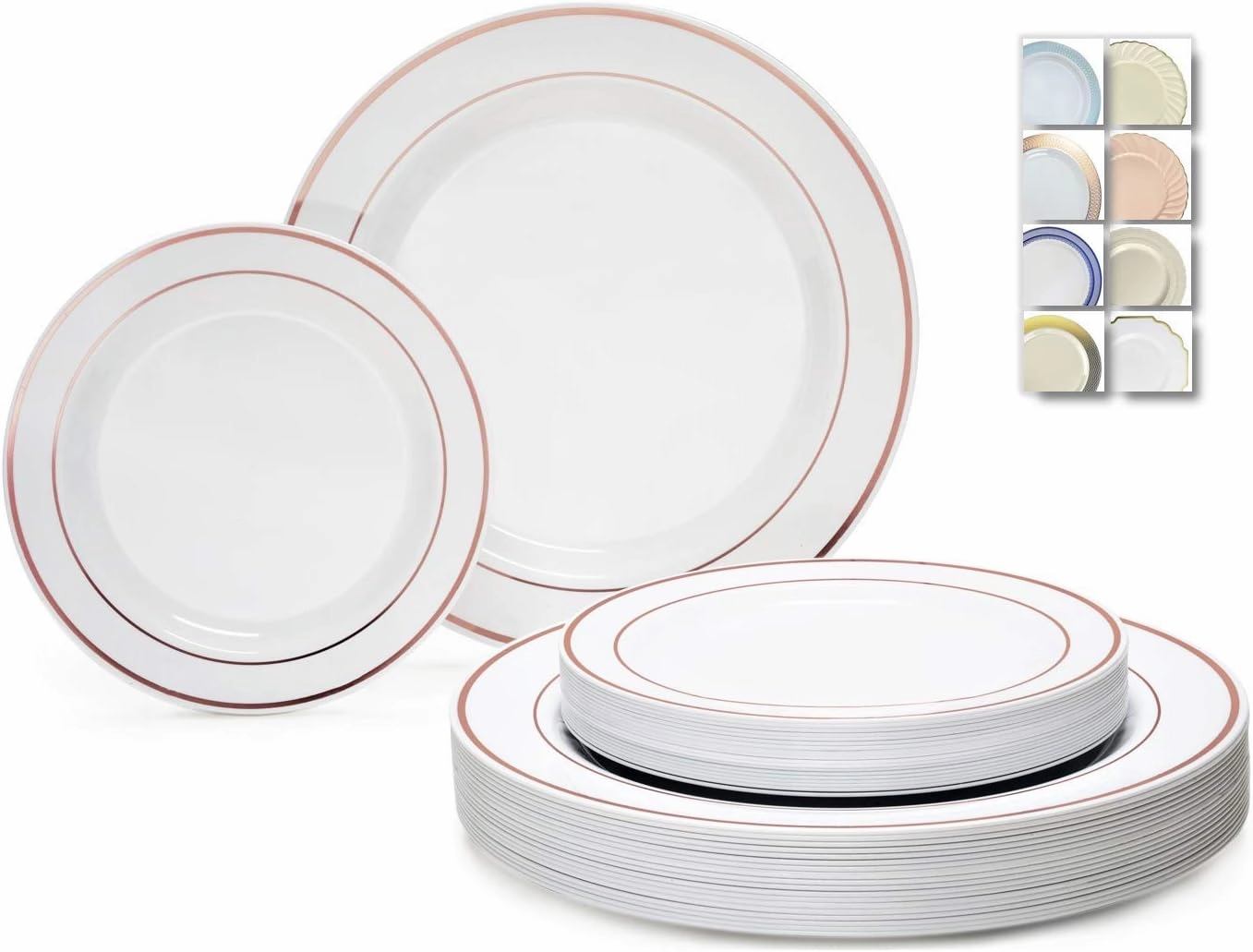 " OCCASIONS " 50 Plates Pack (25 Guests) - Heavyweight Wedding Party Disposable Plastic Plate Set - 25 x 10.5'' Dinner   25 x 7.5'' Salad/dessert plates (White w/Rose Gold Rim)