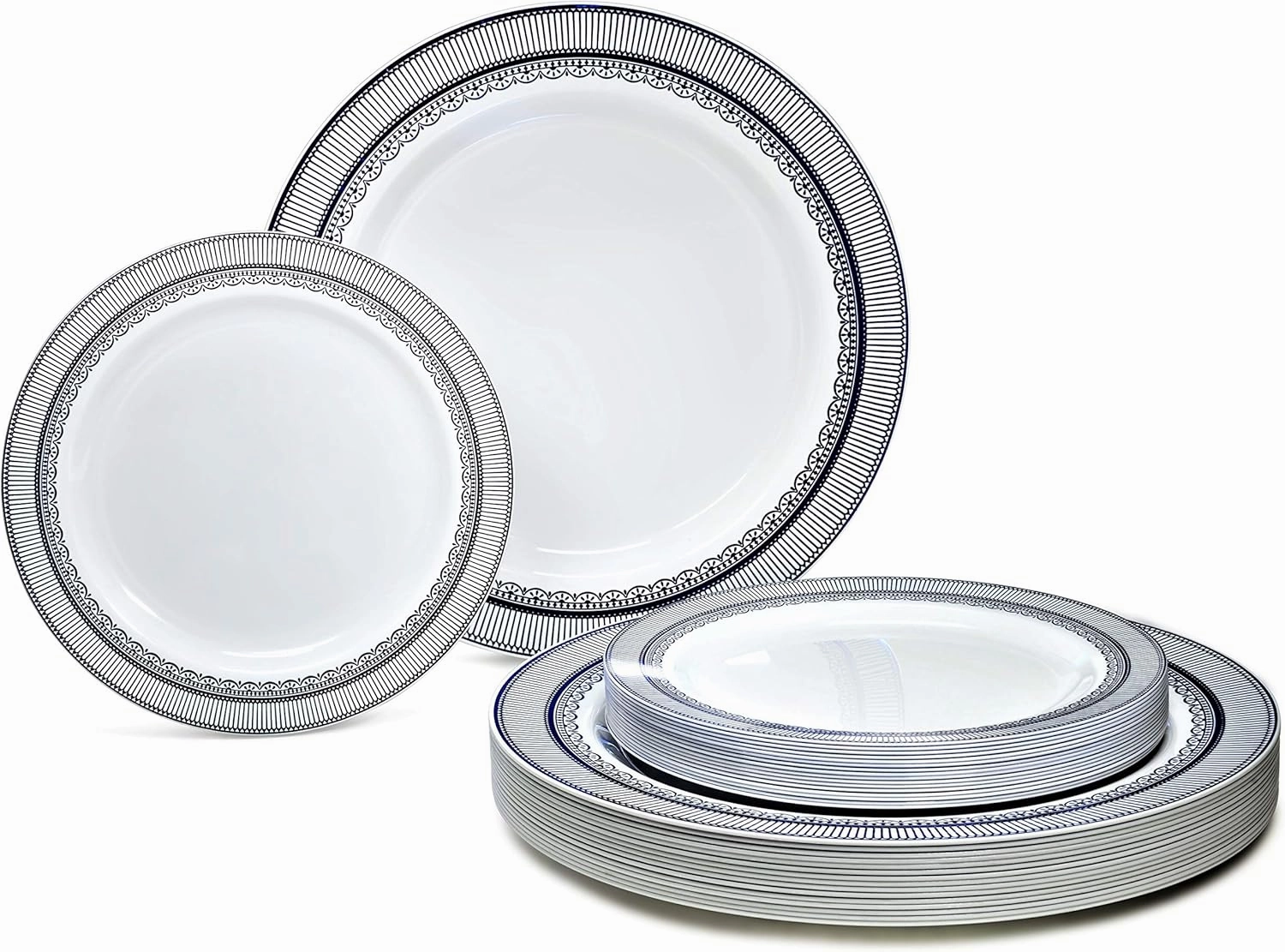 " OCCASIONS " 50 Plates Pack (25 Guests)-Heavyweight Wedding Party Disposable Plastic Plate Set -25 x 10.5'' Dinner   25 x 7.5'' Salad/dessert plates (Louvre in White w/Blue)