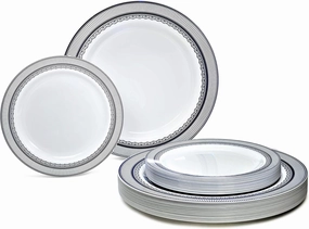 " OCCASIONS " 50 Plates Pack (25 Guests)-Heavyweight Wedding Party Disposable Plastic Plate Set -25 x 10.5'' Dinner   25 x 7.5'' Salad/dessert plates (Louvre in White w/Blue)