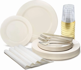 " OCCASIONS " 640pcs set (80 Guests)-Heavyweight Wedding Party Disposable Plastic Plate Set -80 x 10.5''   80 x 7.5''   Silverware   Cups  linen like paper Napkins (Plain Ivory)