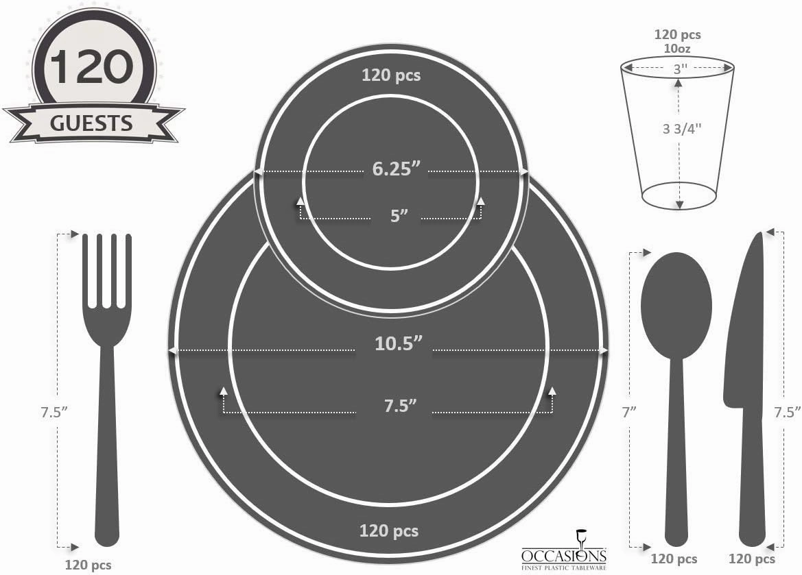 " OCCASIONS " 840pcs set (120 Guests)-Heavyweight Wedding Party Disposable Plastic Plate Set-120 x 10.5''   120 x 6.25''   Gold Silverware   Cups   Napkins (Lace Ivory & Gold Rim)