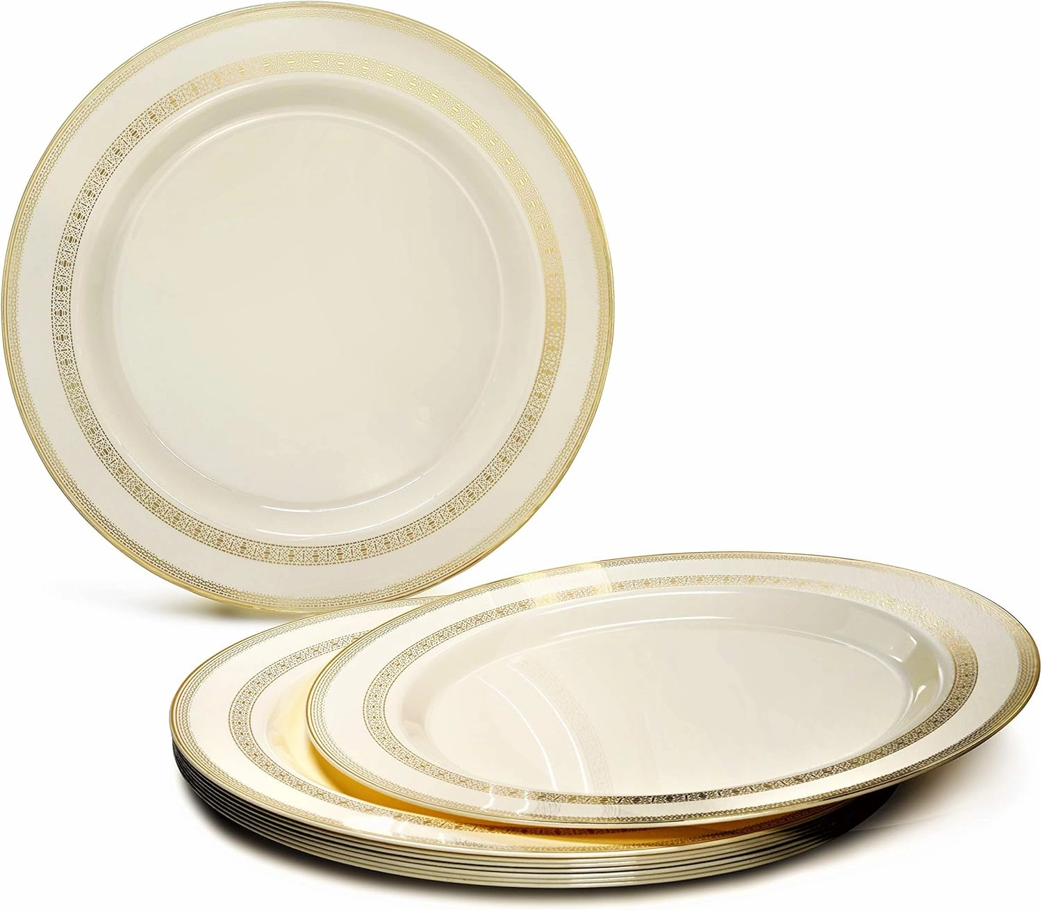 " OCCASIONS " 840pcs set (120 Guests)-Heavyweight Wedding Party Disposable Plastic Plate Set-120 x 10.5''   120 x 6.25''   Gold Silverware   Cups   Napkins (Lace Ivory & Gold Rim)