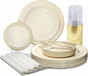 " OCCASIONS " 840pcs set (120 Guests)-Heavyweight Wedding Party Disposable Plastic Plate Set-120 x 10.5''   120 x 6.25''   Gold Silverware   Cups   Napkins (Lace Ivory & Gold Rim)