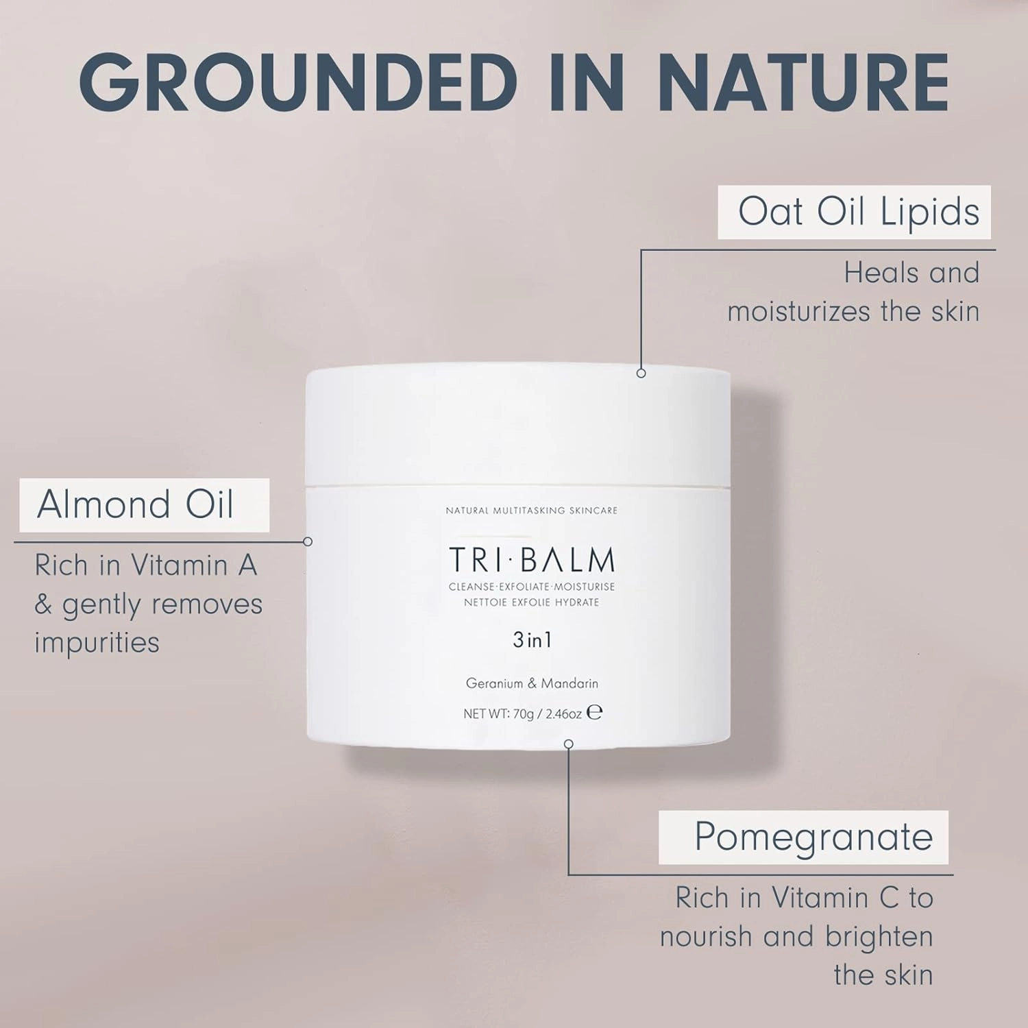 | Tri-Balm 3 in 1 Facial Balm 70g Jar | Facial Cleanser, Facial Exfoliant, & Facial Moisturizer Jar| All Natural Skin Care (2.46 Oz)