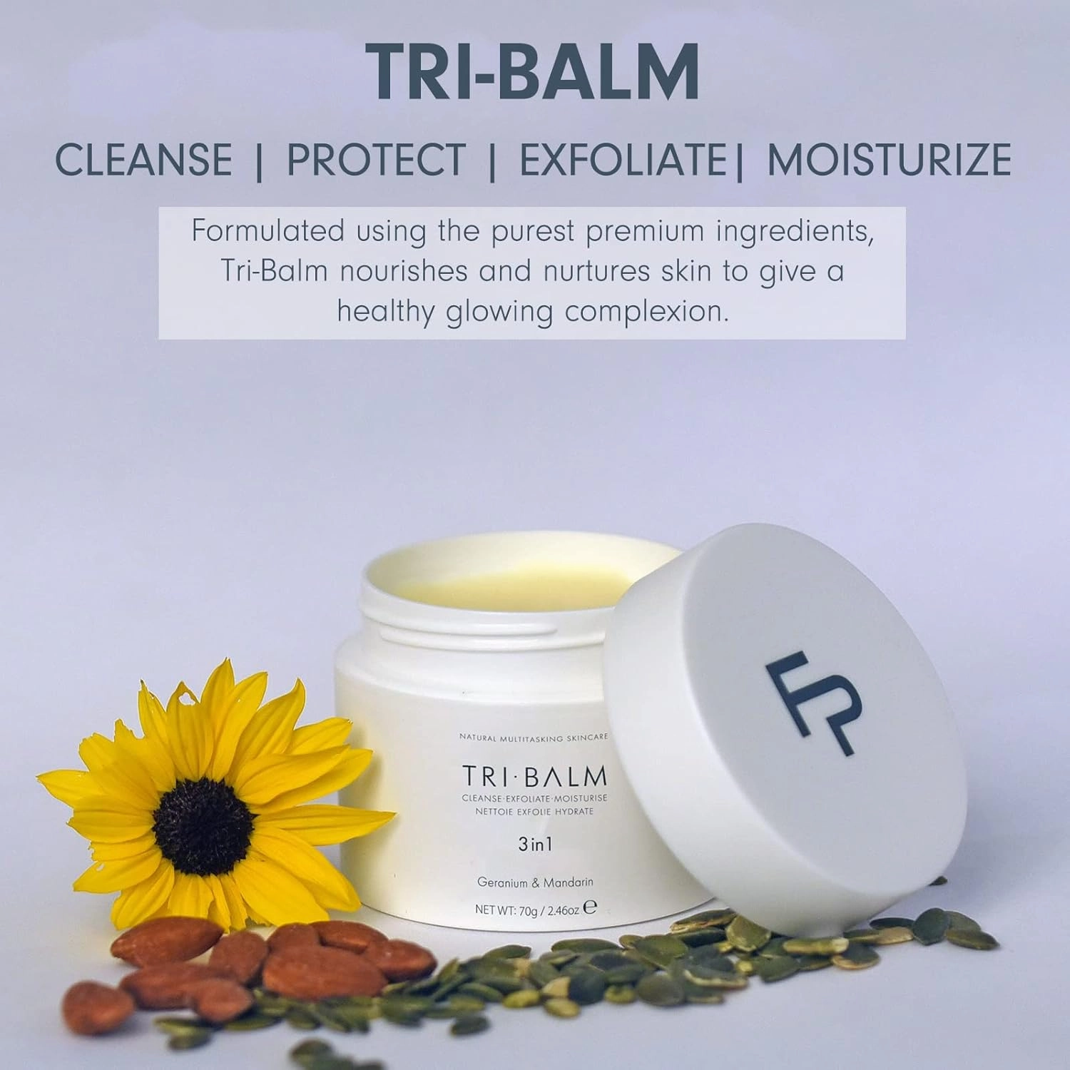 | Tri-Balm 3 in 1 Facial Balm 70g Jar | Facial Cleanser, Facial Exfoliant, & Facial Moisturizer Jar| All Natural Skin Care (2.46 Oz)