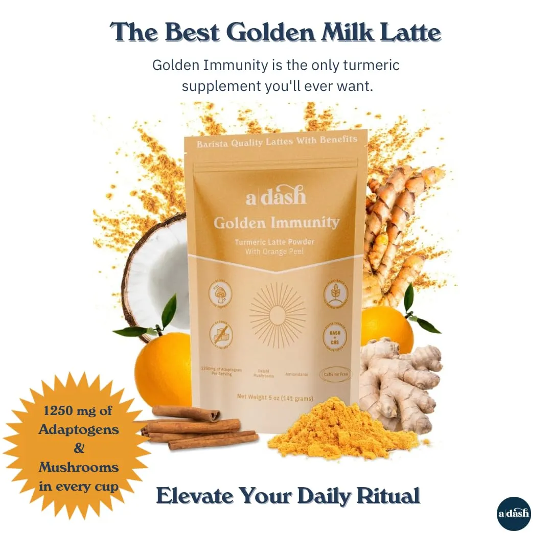 A Dash Golden Immunity Latte, Organic Golden Milk with Turmeric, Monk Fruit & Reishi Mushroom Extract, Boost Immunity with Organic Superfood Golden Milk Powder with No Caffeine (40 Servings)