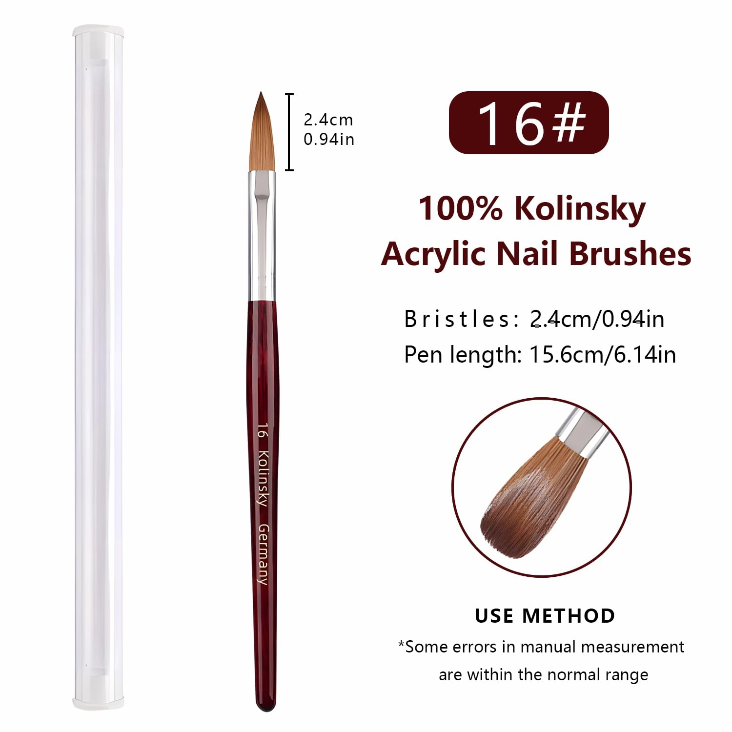 Acrylic Nail Brush 100% Kolinsky Acrylic Brushes for Nails Size 16 Oval Crimped Shaped Nail Brushes for Acrylic Application Mahogany Handle Professional Nail Art Powder Brush Manicure Tool