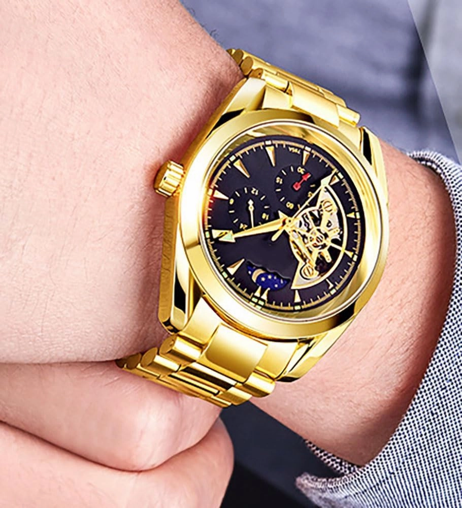 ADSBIAOYE Automatic Winding Men's Watches Skeleton Moon Phase Multifunction Dial Waterproof Luminous Dress Wrist Watch