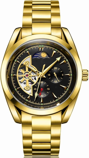 ADSBIAOYE Automatic Winding Men's Watches Skeleton Moon Phase Multifunction Dial Waterproof Luminous Dress Wrist Watch