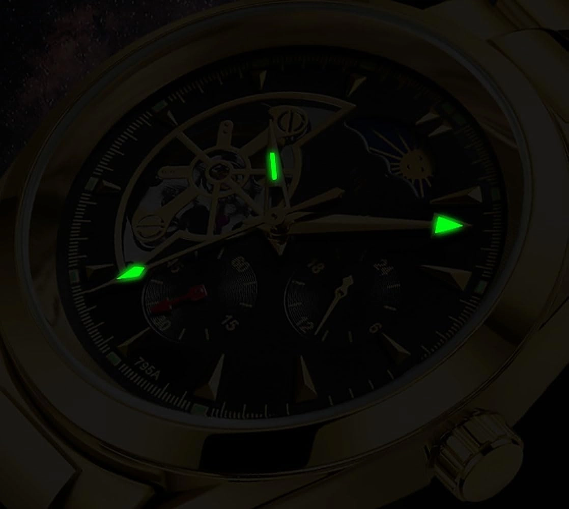 ADSBIAOYE Automatic Winding Men's Watches Skeleton Moon Phase Multifunction Dial Waterproof Luminous Dress Wrist Watch