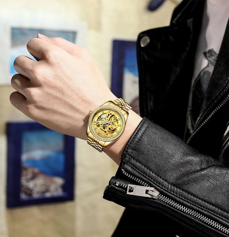 ADSBIAOYE Men's Skeleton Mechanical Watches Luxury Diamond Dress Stainless Steel Waterproof Watch