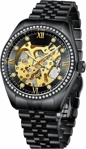 ADSBIAOYE Men's Skeleton Mechanical Watches Luxury Diamond Dress Stainless Steel Waterproof Watch