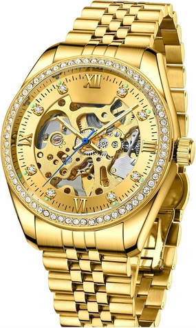ADSBIAOYE Men's Skeleton Mechanical Watches Luxury Diamond Dress Stainless Steel Waterproof Watch