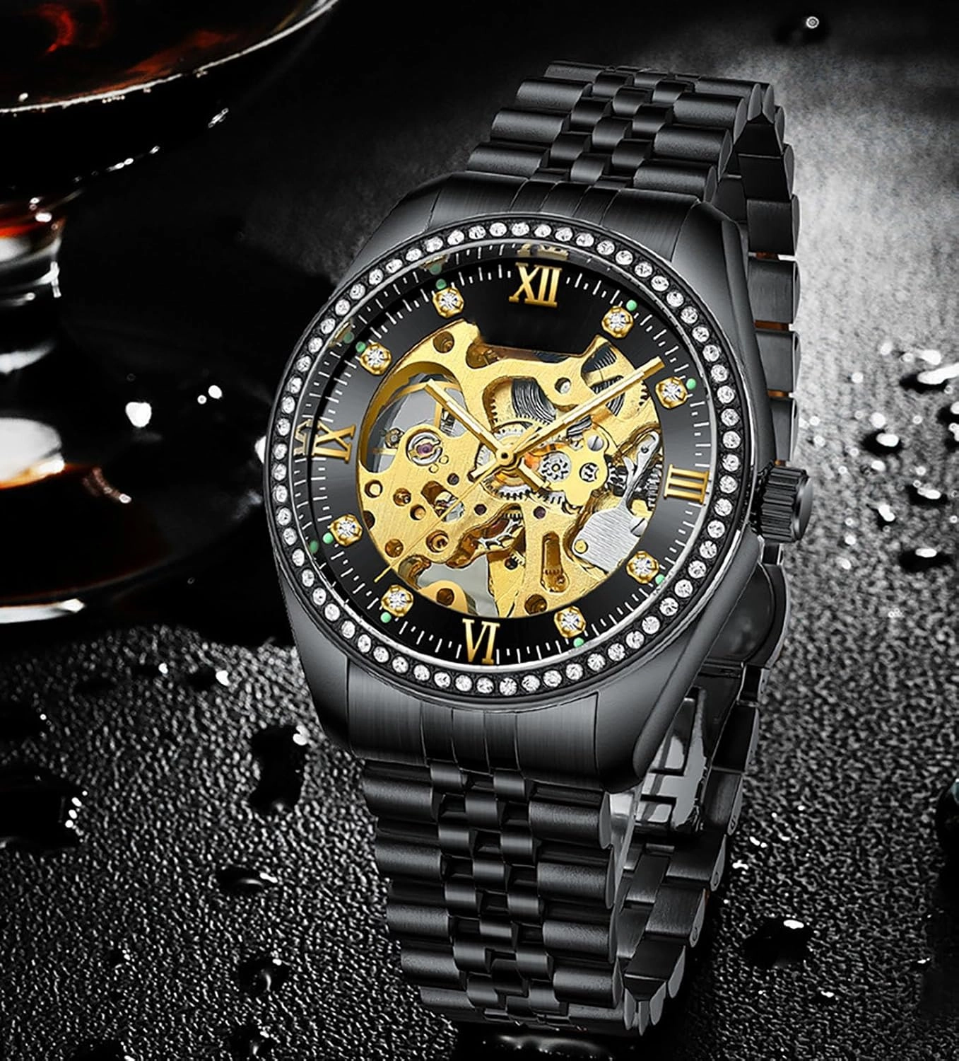 ADSBIAOYE Men's Skeleton Mechanical Watches Luxury Diamond Dress Stainless Steel Waterproof Watch