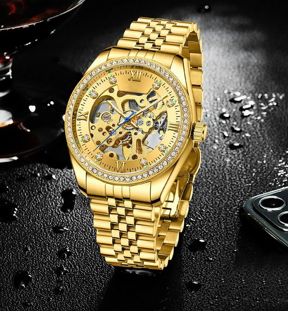 ADSBIAOYE Men's Skeleton Mechanical Watches Luxury Diamond Dress Stainless Steel Waterproof Watch
