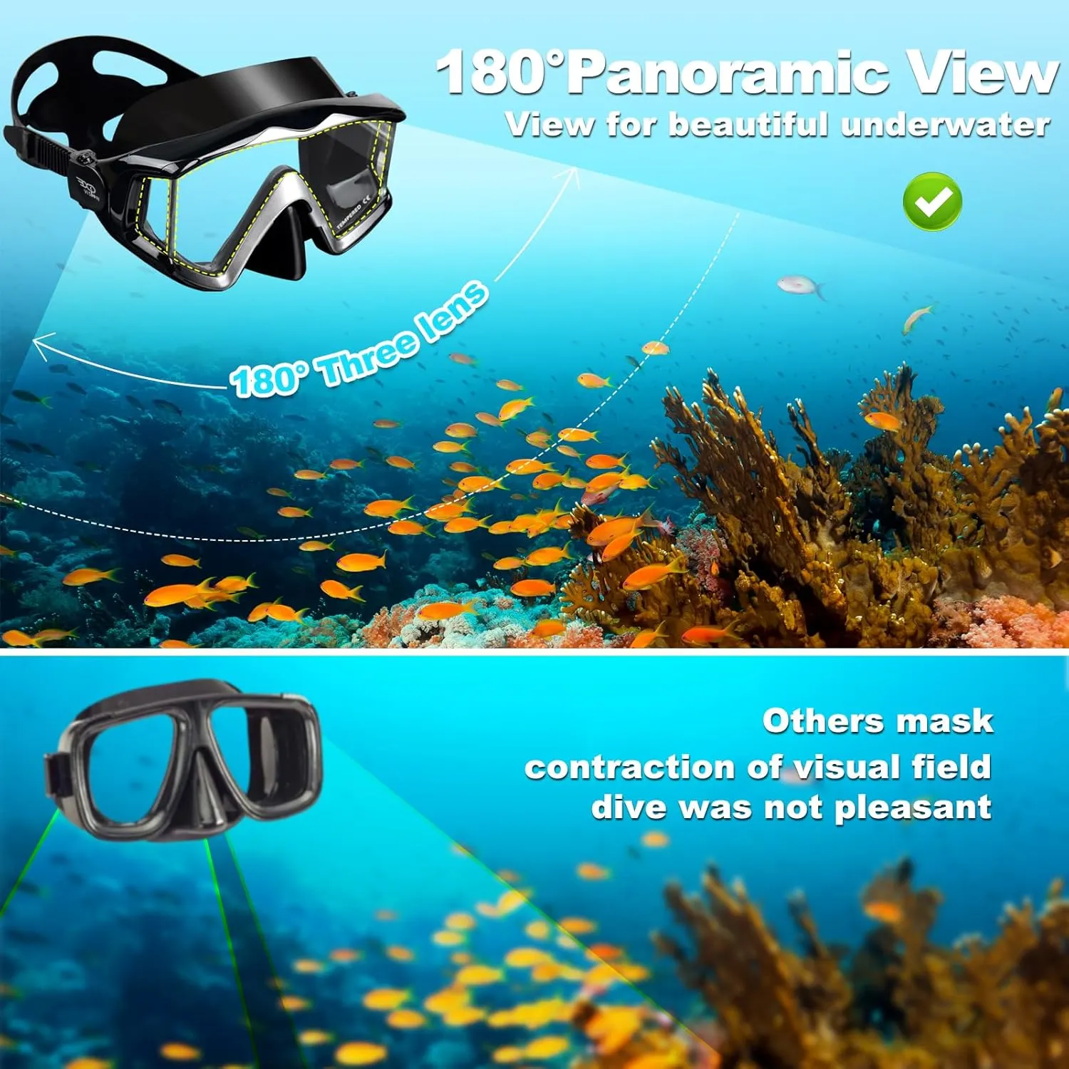 Adult Pano 3 Scuba Diving Mask, Tempered Glass Snorkel Mask Anti-Fog Swim Mask No Leakage Swim Goggles with Nose Cover Snorkeling Gear for Snorkeling, Freediving, Swimming