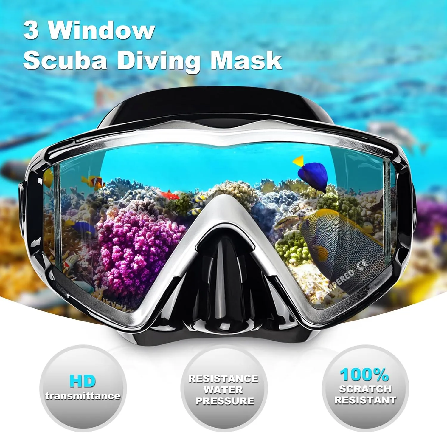Adult Pano 3 Scuba Diving Mask, Tempered Glass Snorkel Mask Anti-Fog Swim Mask No Leakage Swim Goggles with Nose Cover Snorkeling Gear for Snorkeling, Freediving, Swimming