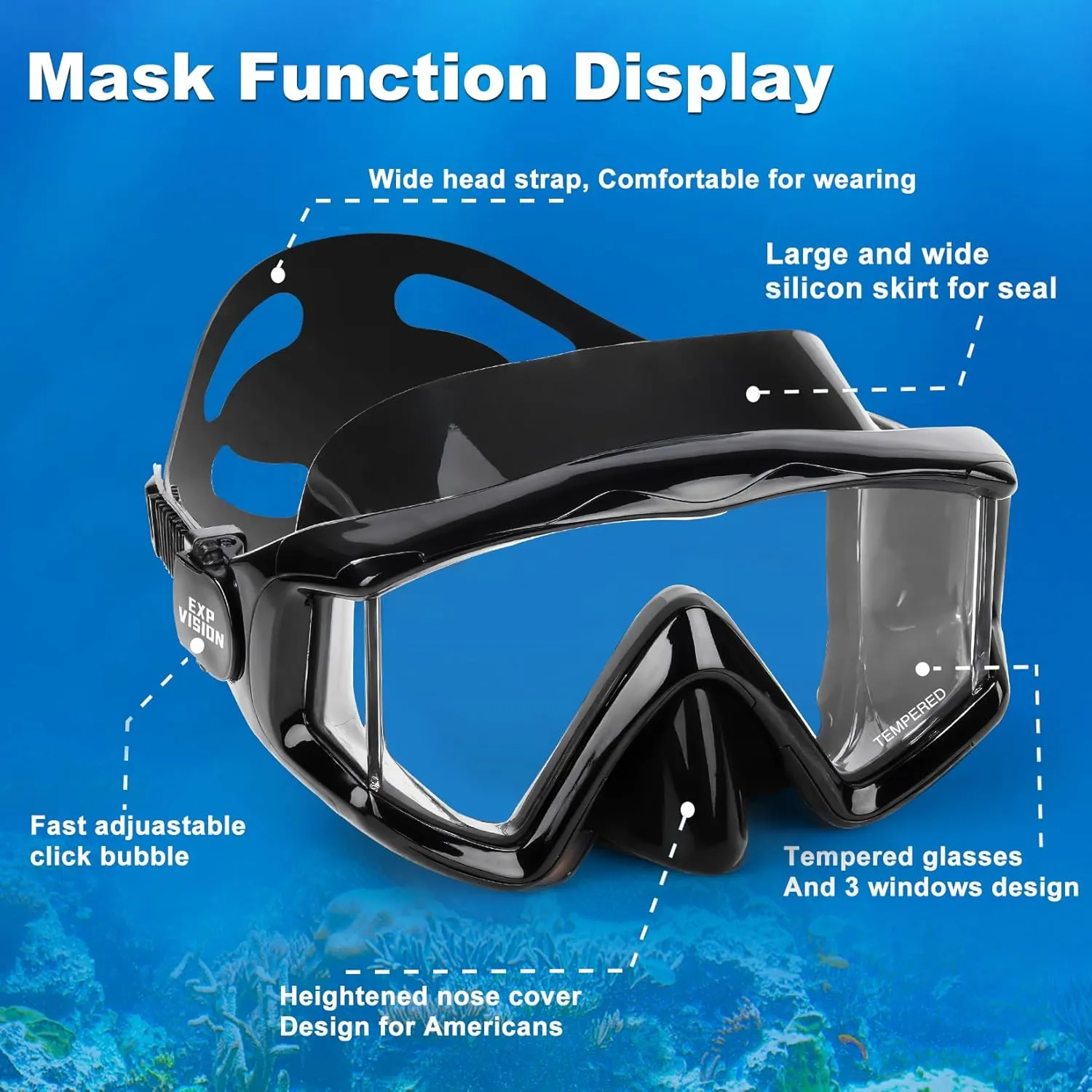 Adult Pano 3 Scuba Diving Mask, Tempered Glass Snorkel Mask Anti-Fog Swim Mask No Leakage Swim Goggles with Nose Cover Snorkeling Gear for Snorkeling, Freediving, Swimming