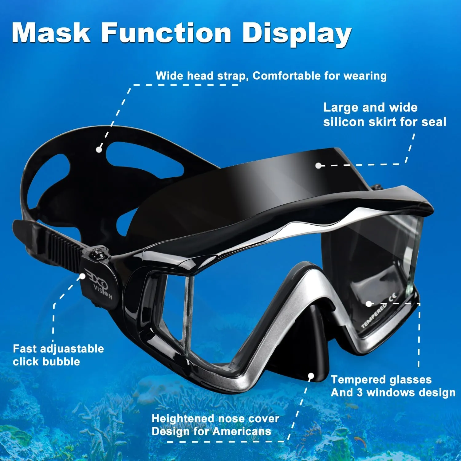 Adult Pano 3 Scuba Diving Mask, Tempered Glass Snorkel Mask Anti-Fog Swim Mask No Leakage Swim Goggles with Nose Cover Snorkeling Gear for Snorkeling, Freediving, Swimming