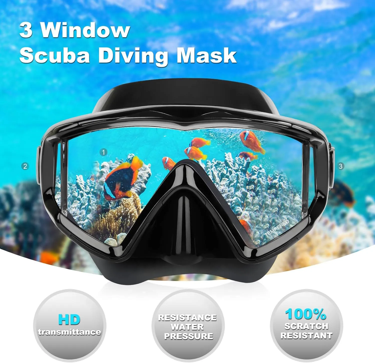 Adult Pano 3 Scuba Diving Mask, Tempered Glass Snorkel Mask Anti-Fog Swim Mask No Leakage Swim Goggles with Nose Cover Snorkeling Gear for Snorkeling, Freediving, Swimming