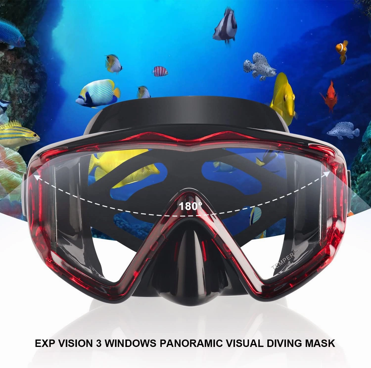 Adult Pano 3 Scuba Diving Mask, Tempered Glass Snorkel Mask Anti-Fog Swim Mask No Leakage Swim Goggles with Nose Cover Snorkeling Gear for Snorkeling, Freediving, Swimming
