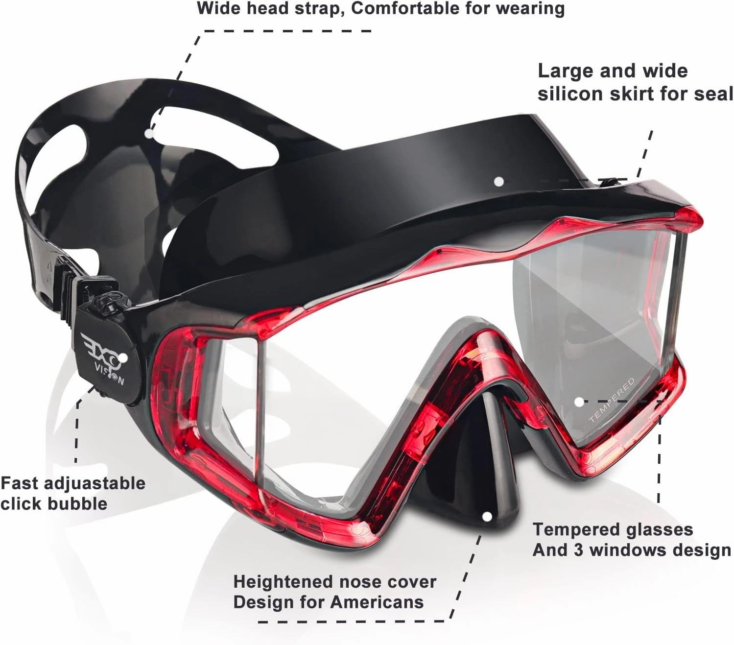 Adult Pano 3 Scuba Diving Mask, Tempered Glass Snorkel Mask Anti-Fog Swim Mask No Leakage Swim Goggles with Nose Cover Snorkeling Gear for Snorkeling, Freediving, Swimming