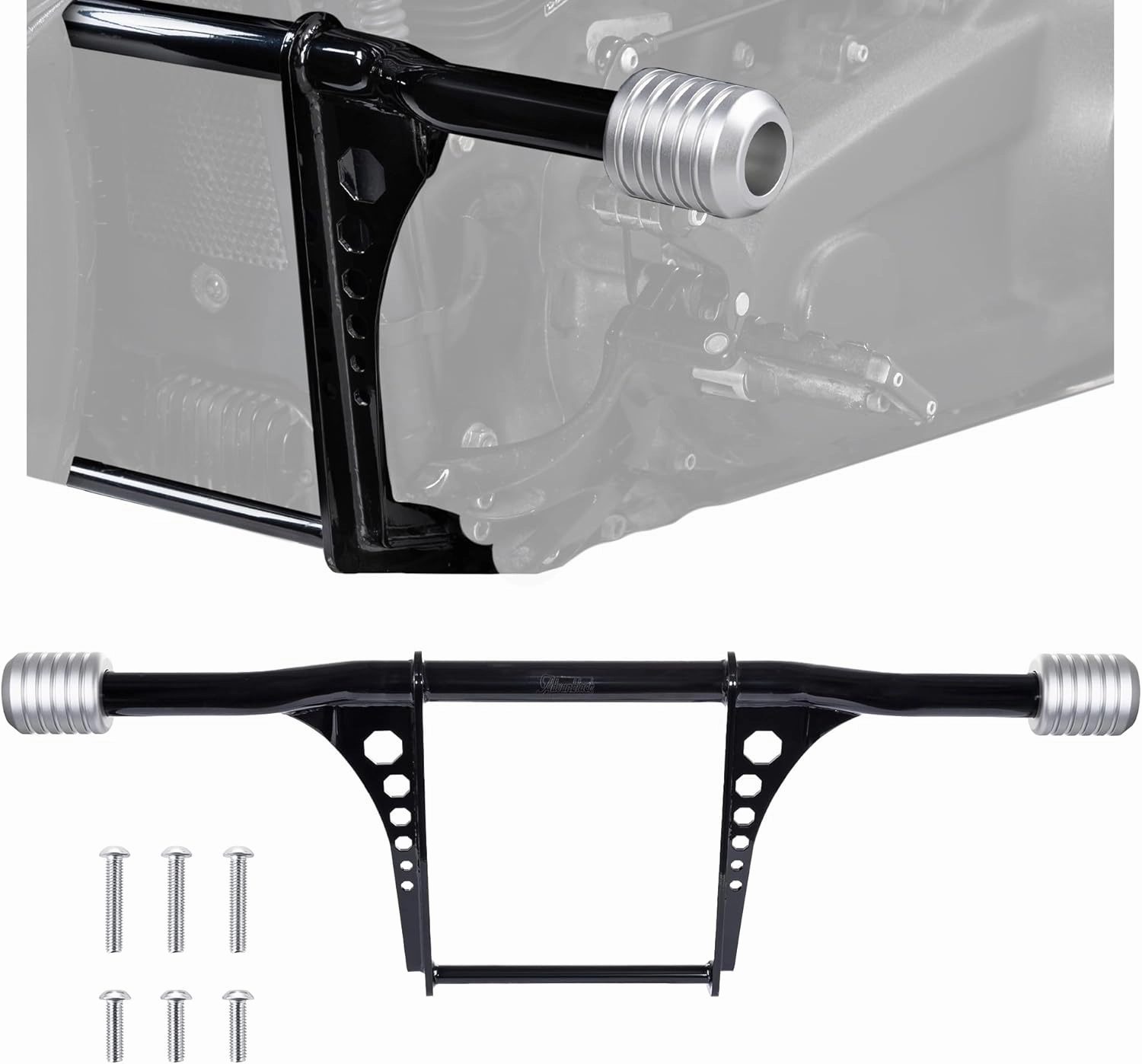 Advanblack Highway Footpeg Crash Bar Protek Performance Engine Guard Sliders For Harley Softail StreetBob, FatBob, Low Rider/S 2018 19 20 21 22 23 24 (Sliders in Silver CNC)