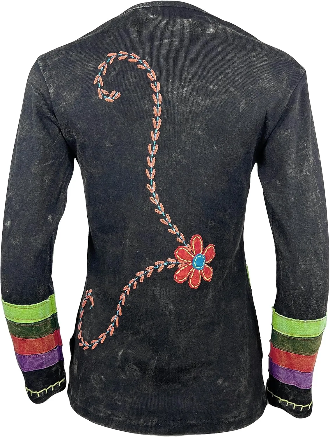 Agan Traders 2025 Spring Women's Boho Rib Knit Thick Cotton Distressed Patch Embroidered Long Sleeve Sweatshirt Top Blouse