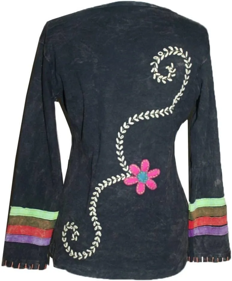Agan Traders 2025 Spring Women's Boho Rib Knit Thick Cotton Distressed Patch Embroidered Long Sleeve Sweatshirt Top Blouse