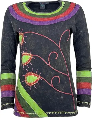 Agan Traders 2025 Spring Women's Boho Rib Knit Thick Cotton Distressed Patch Embroidered Long Sleeve Sweatshirt Top Blouse