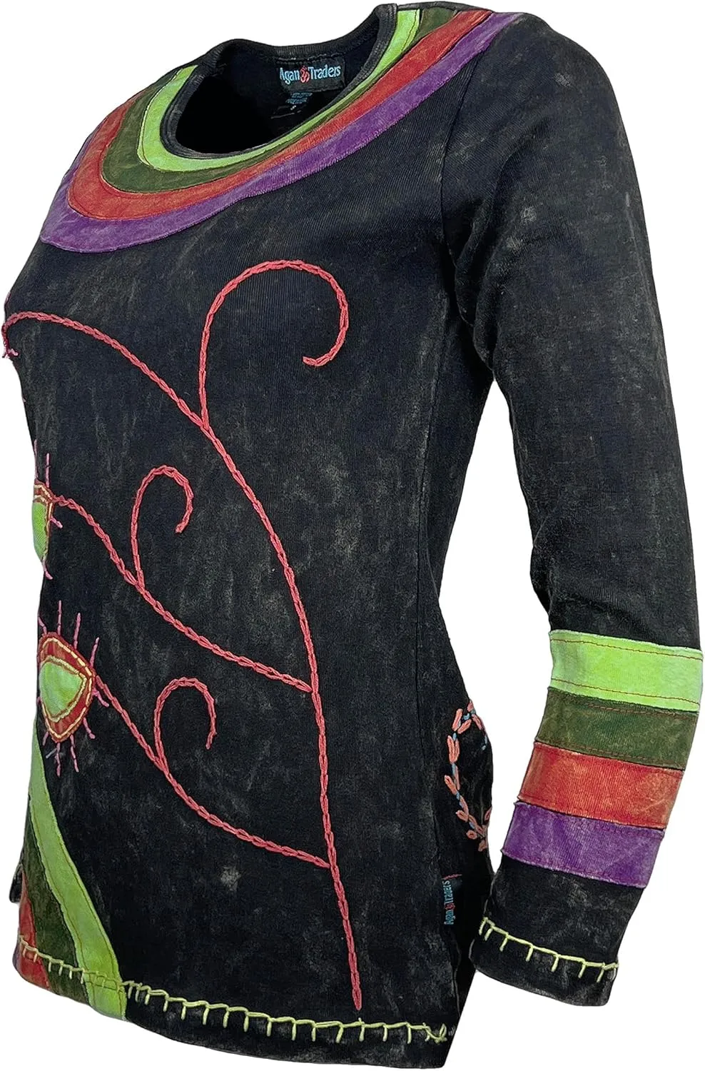 Agan Traders 2025 Spring Women's Boho Rib Knit Thick Cotton Distressed Patch Embroidered Long Sleeve Sweatshirt Top Blouse